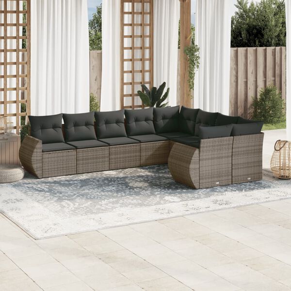 vidaXL Salon de jardin 9 pcs avec coussins gris résine tressée