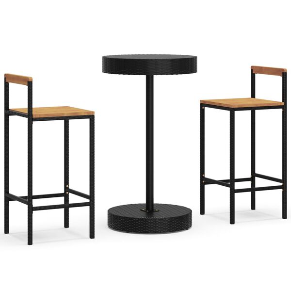 vidaXL Ensemble de bar jardin 3 pcs noir poly rotin/bois massif acacia