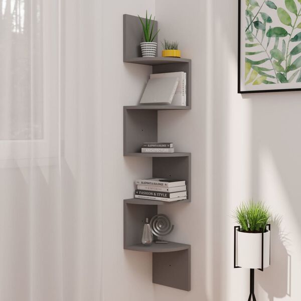 vidaXL &Eacute;tag&egrave;re d'angle murale gris 19x19x123 cm bois d'ing&eacute;nierie