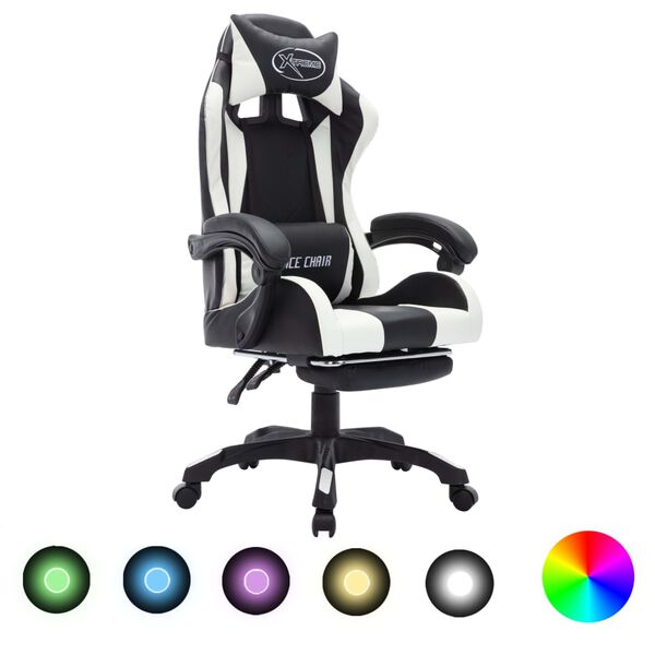 vidaXL Fauteuil de jeux vid&eacute;o avec LED RVB Blanc et noir Similicuir
