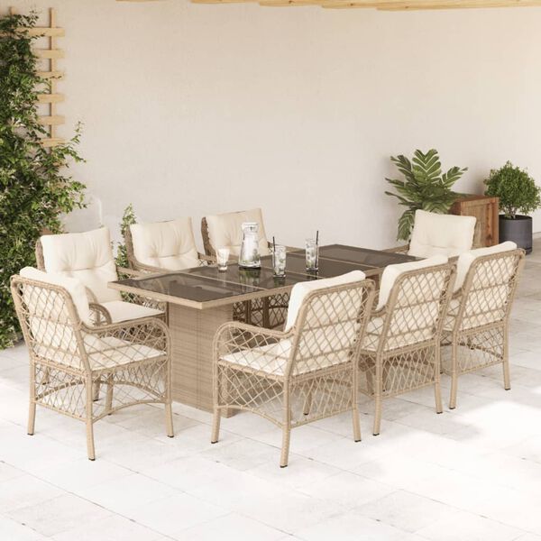 vidaXL Ensemble &agrave; manger de jardin et coussins 9 pcs beige Poly rotin