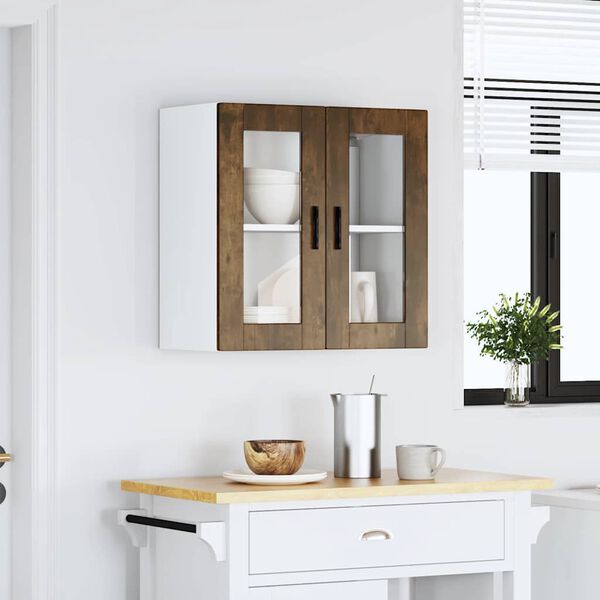vidaXL Armoire murale de cuisine avec porte en verre Porto ch&ecirc;ne fum&eacute;