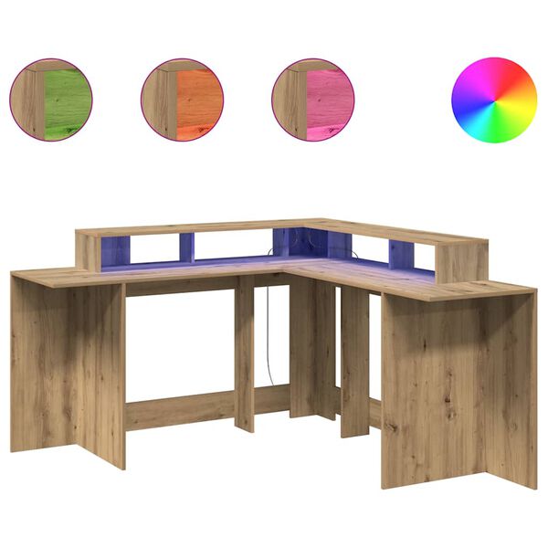 vidaXL Bureau avec lumi&egrave;res LED ch&ecirc;ne artisanal bois d'ing&eacute;nierie