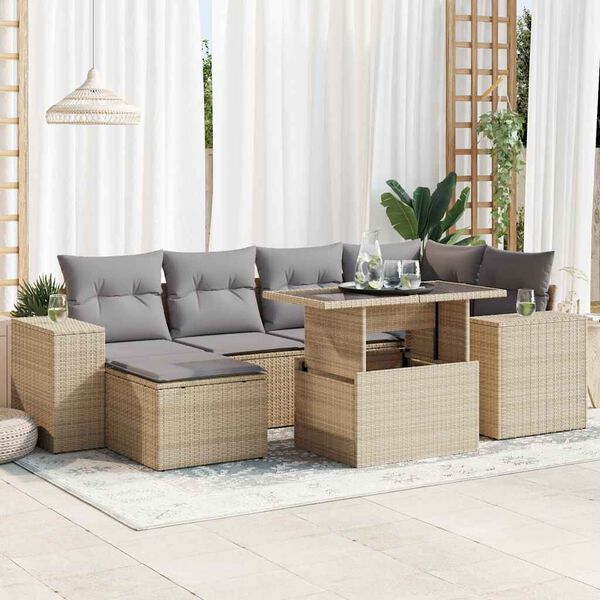 vidaXL Salon de jardin avec coussins 7 pcs beige r&eacute;sine tress&eacute;e