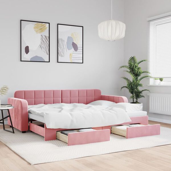 vidaXL Lit de jour avec gigogne et tiroirs sans matelas rose 80x200 cm