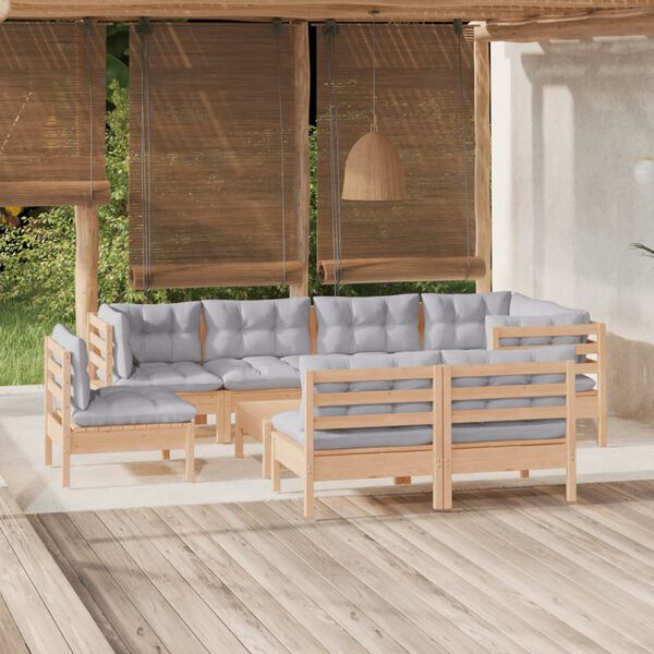 vidaXL Salon de jardin 9 pcs avec coussins gris bois de pin massif