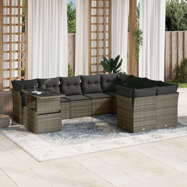 vidaXL Salon de jardin avec coussins 10 pcs gris r&eacute;sine tress&eacute;e