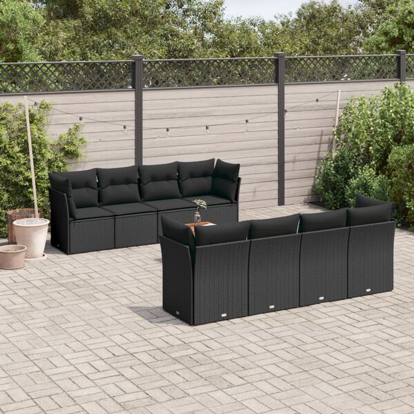vidaXL Salon de jardin 9 pcs avec coussins noir r&eacute;sine tress&eacute;e