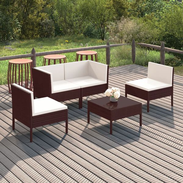 vidaXL Salon de jardin 5 pcs avec coussins r&eacute;sine tress&eacute;e marron
