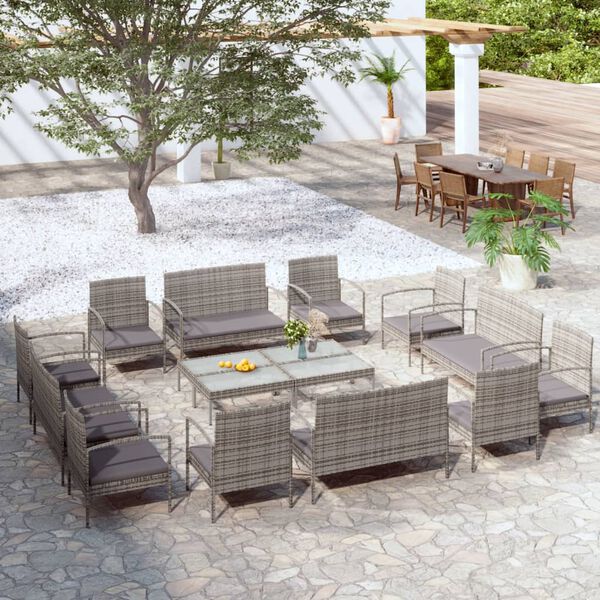 vidaXL Salon de jardin 16 pcs avec coussins R&eacute;sine tress&eacute;e Gris