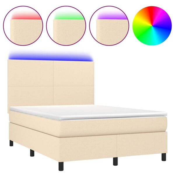 vidaXL Sommier &agrave; lattes de lit et matelas et LED Cr&egrave;me 140x200cm Tissu
