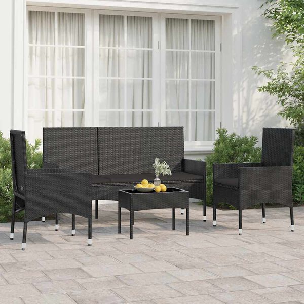 vidaXL Salon de jardin 4 pcs avec coussins Noir Résine tressée
