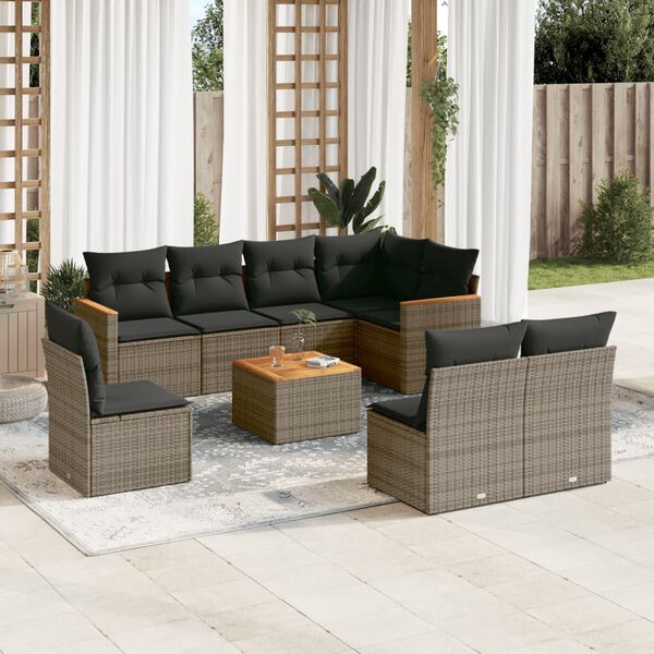 vidaXL Salon de jardin 9 pcs avec coussins gris résine tressée