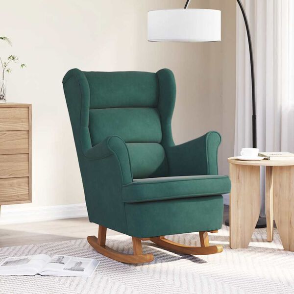 vidaXL Fauteuil &agrave; bascule &agrave; oreilles en velours vert fonc&eacute; bois massif