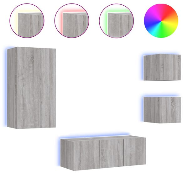 vidaXL Unit&eacute;s murales TV avec LED 5 pcs gris sonoma bois d'ing&eacute;nierie