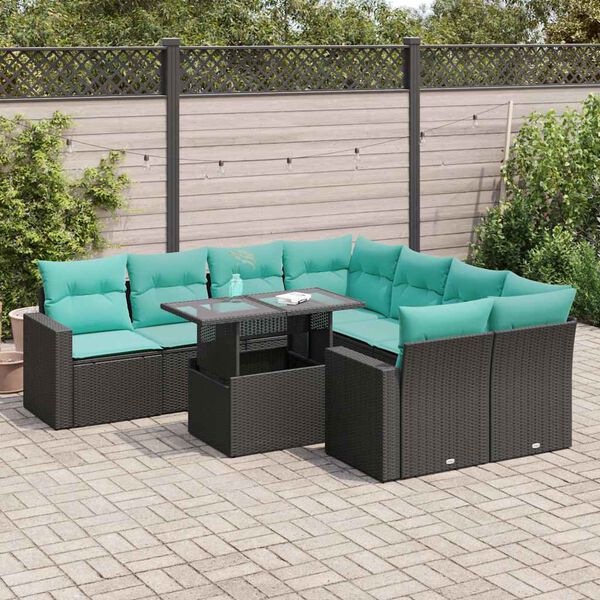 vidaXL Salon de jardin avec coussins 9 pcs noir r&eacute;sine tress&eacute;e acacia