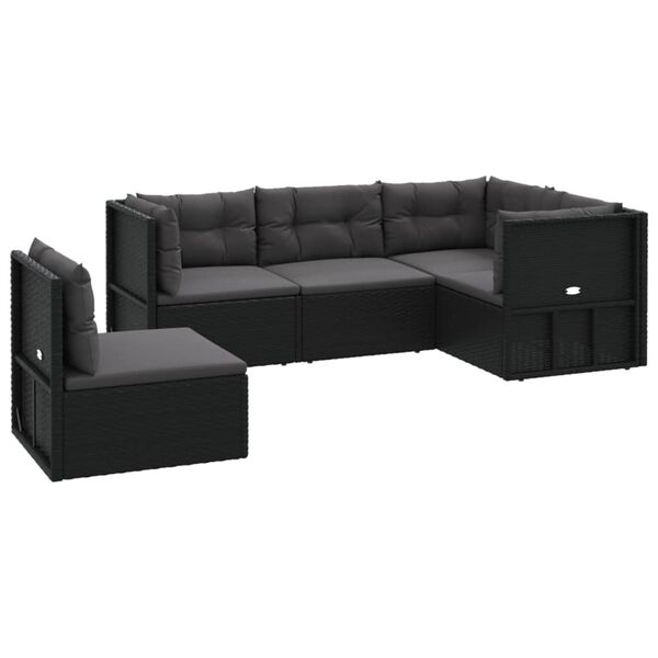 vidaXL Salon de jardin 5 pcs avec coussins Noir R&eacute;sine tress&eacute;e