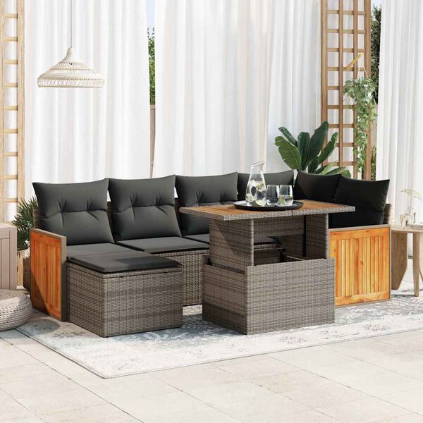 vidaXL Salon de jardin avec coussins 7 pcs gris r&eacute;sine tress&eacute;e acacia