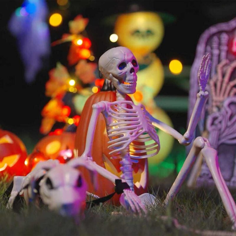 Ensemble de décorations squelette Halloween blanches présenté à l'extérieur