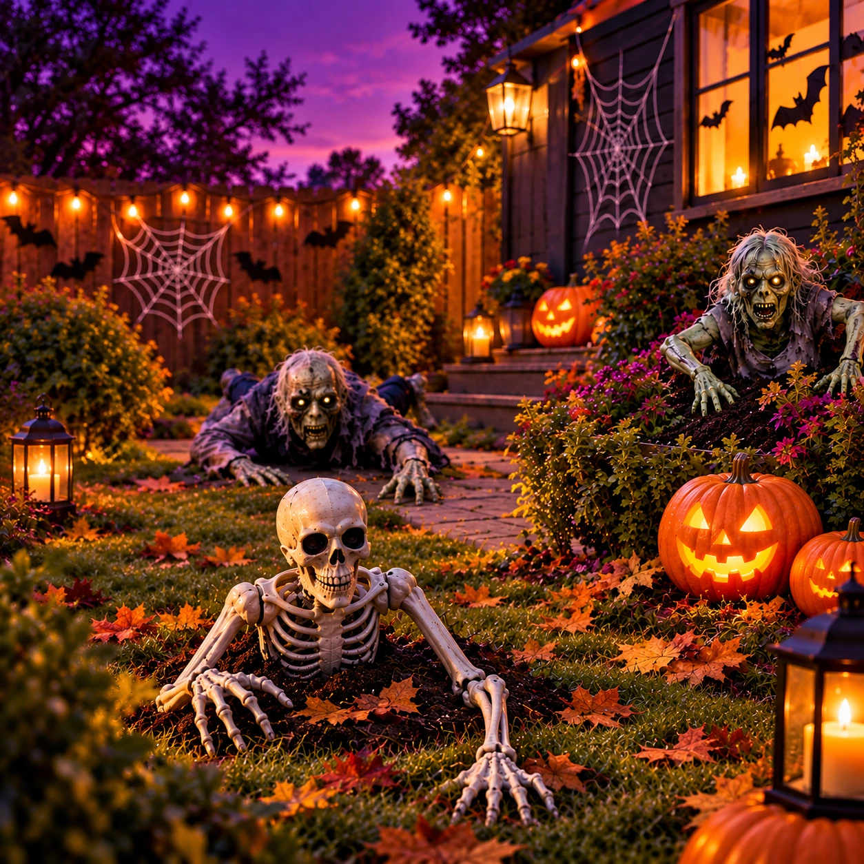Jardin d’Halloween avec un squelette, des zombies et des citrouilles lumineuses