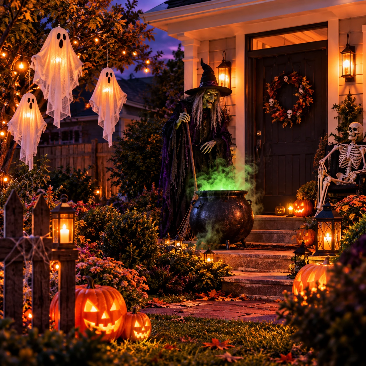 Porche d’Halloween avec une sorcière, des fantômes et des citrouilles lumineuses