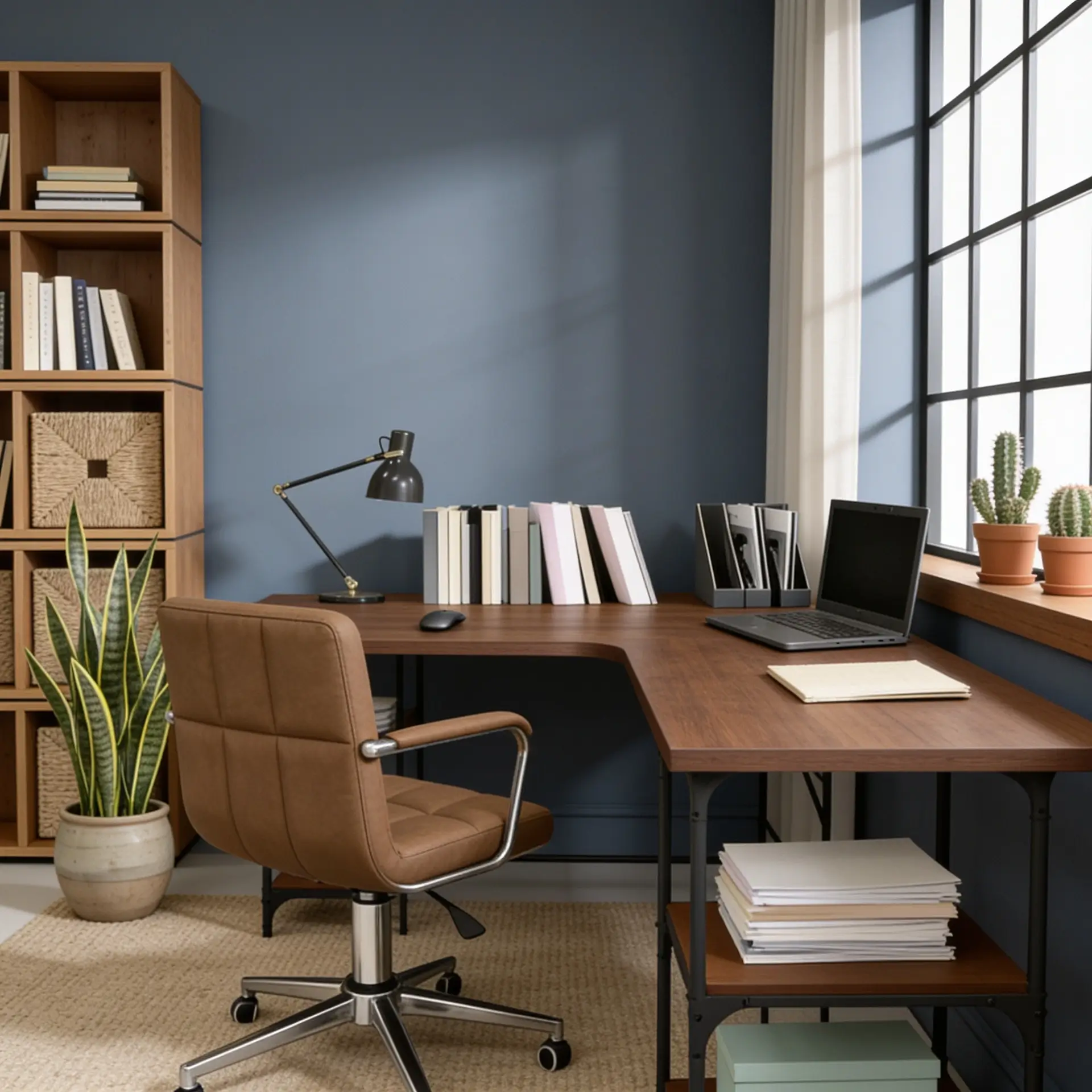 Espace de bureau à domicile moderne avec un bureau en L en bois avec un ordinateur portable, une chaise pivotante capitonnée en cuir marron, une haute bibliothèque et des plantes en pot contre des murs bleu-gris.