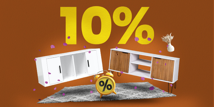 Bannière montrant deux meubles TV, un tapis et un réveil avec un grand texte jaune « 10% ».