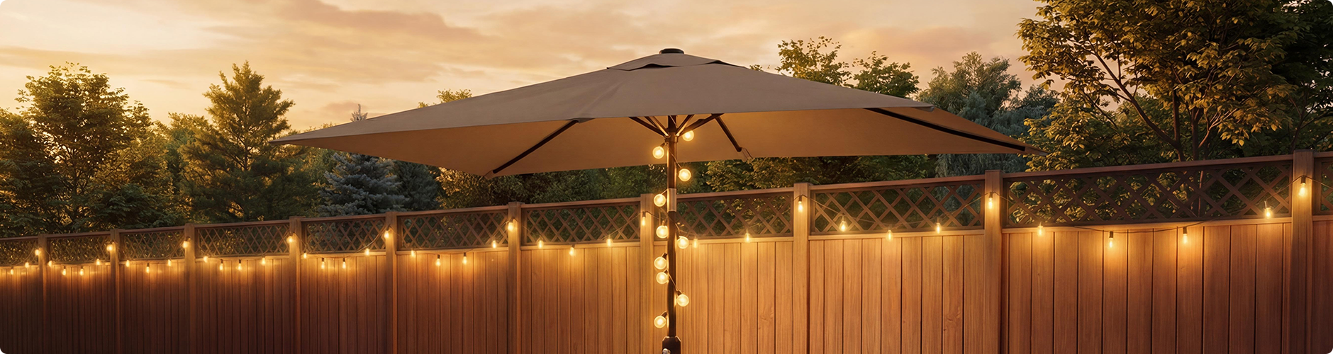 Parasol de terrasse extérieur avec des guirlandes lumineuses chaudes enroulées autour du mât, devant une clôture en bois avec des lattes au coucher du soleil
