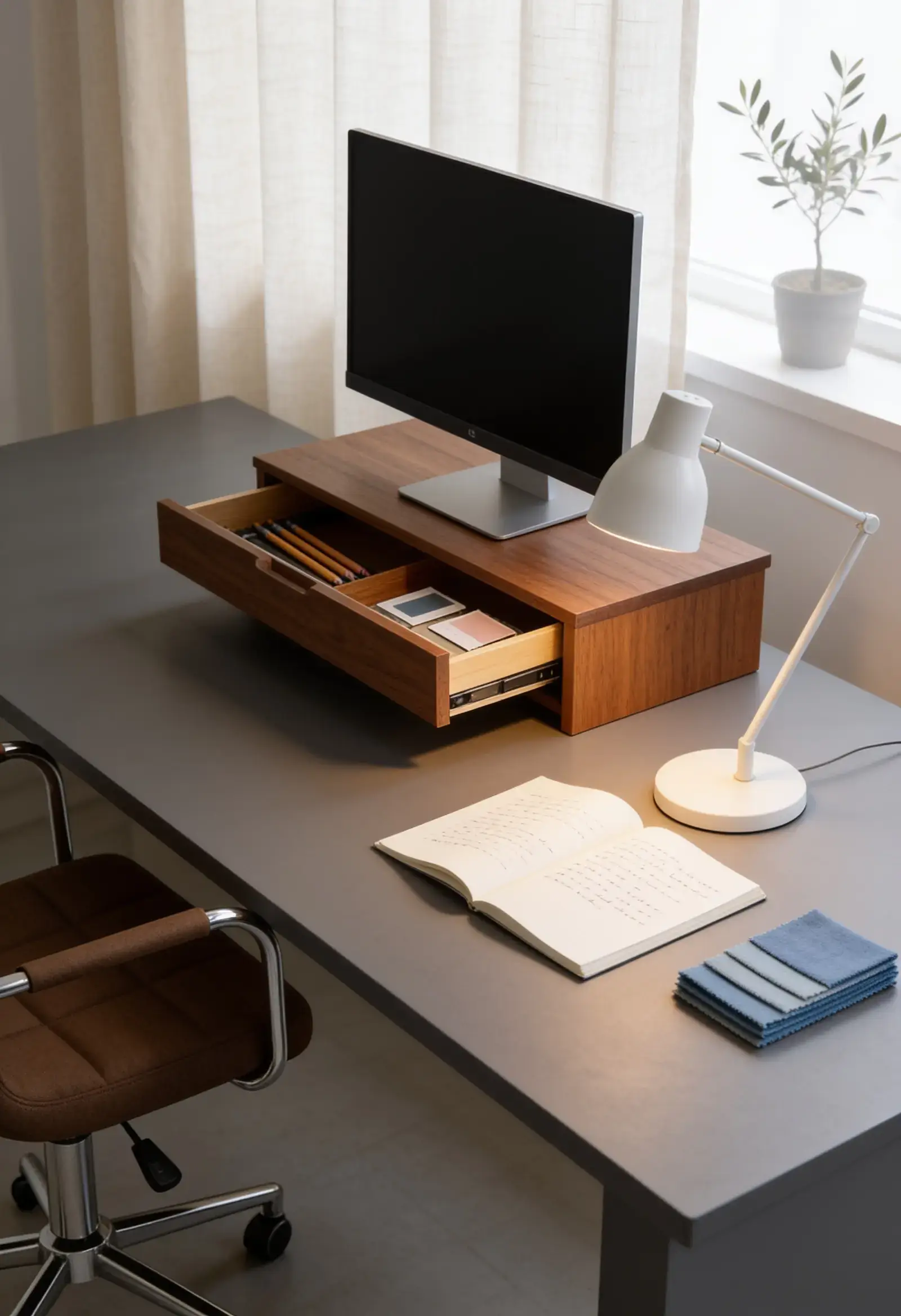 Gros plan d'un bureau gris moderne avec un support d'écran en bois doté d'un tiroir ouvert contenant des fournitures de bureau, à côté d'une lampe de bureau blanche, d'un carnet ouvert et d'un écran d'ordinateur.