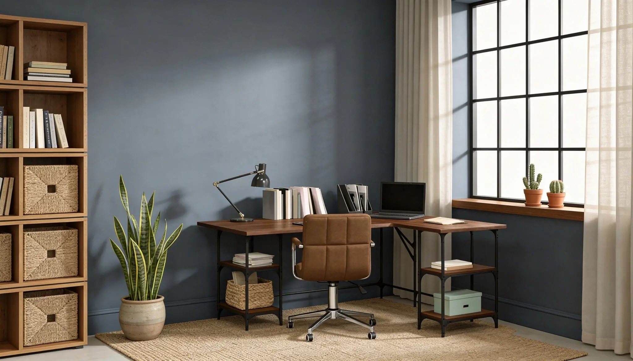 Intérieur de bureau à domicile moderne avec un bureau d'angle en bois, une chaise pivotante en cuir marron, une haute étagère avec des paniers tressés et une plante en pot contre des murs bleu-gris.