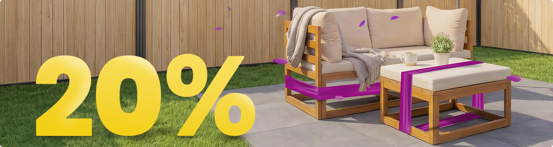 Canapé de jardin en bois avec coussins beiges et table sous parasol sur terrasse ensoleillée, entouré de fleurs et d’une clôture, avec bannière promo printemps 20 %.