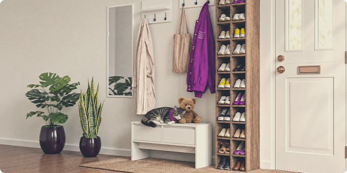 Chat allongé sur un banc de rangement à côté d’un meuble à chaussures dans l’entrée.