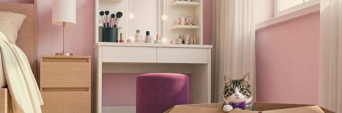 Chat qui pointe le bout de son nez depuis un carton vidaXL dans une chambre avec coiffeuse et tiroirs de rangement.
