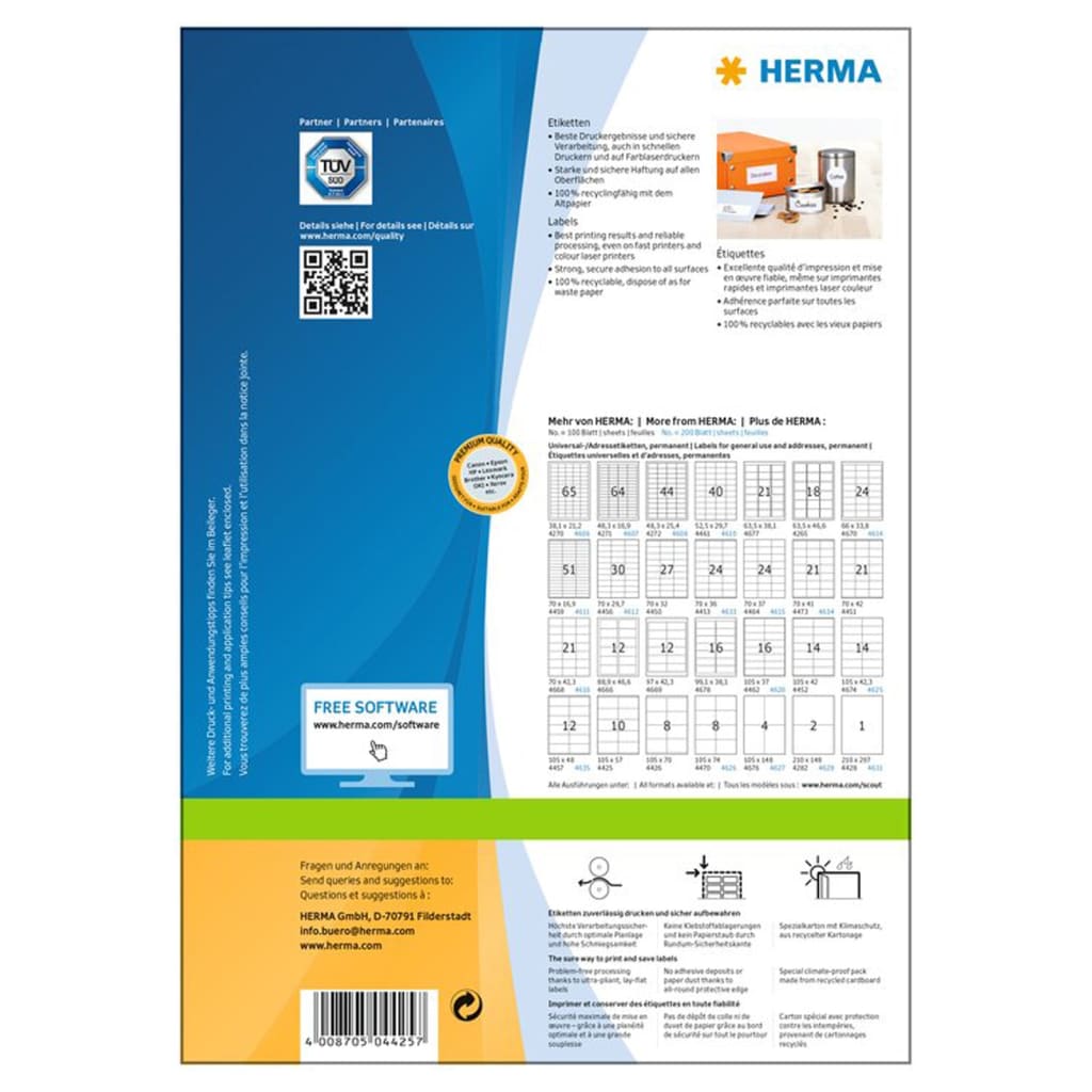 HERMA Étiquettes permanentes PREMIUM A4 105x57 mm 100 Feuilles