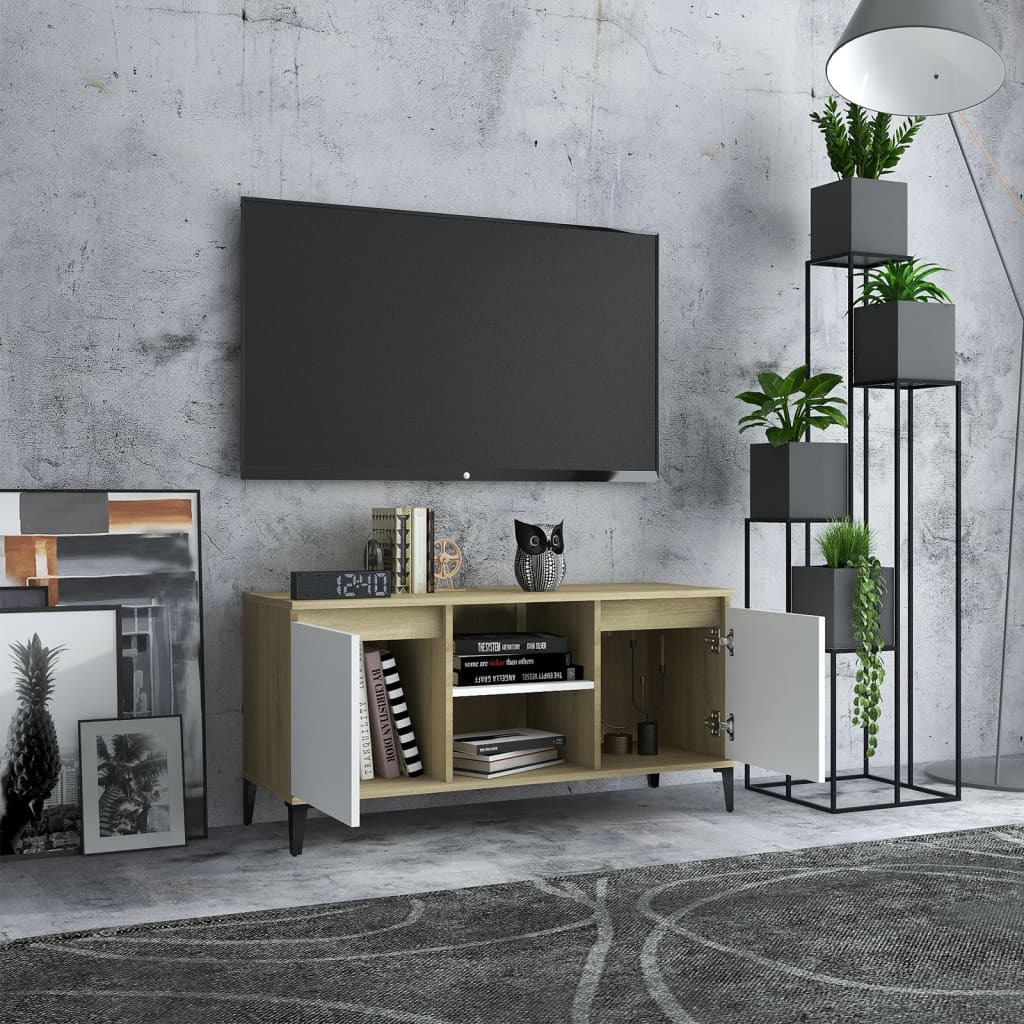 vidaXL Meuble TV avec pieds en métal Blanc/chêne sonoma 103,5x35x50 cm