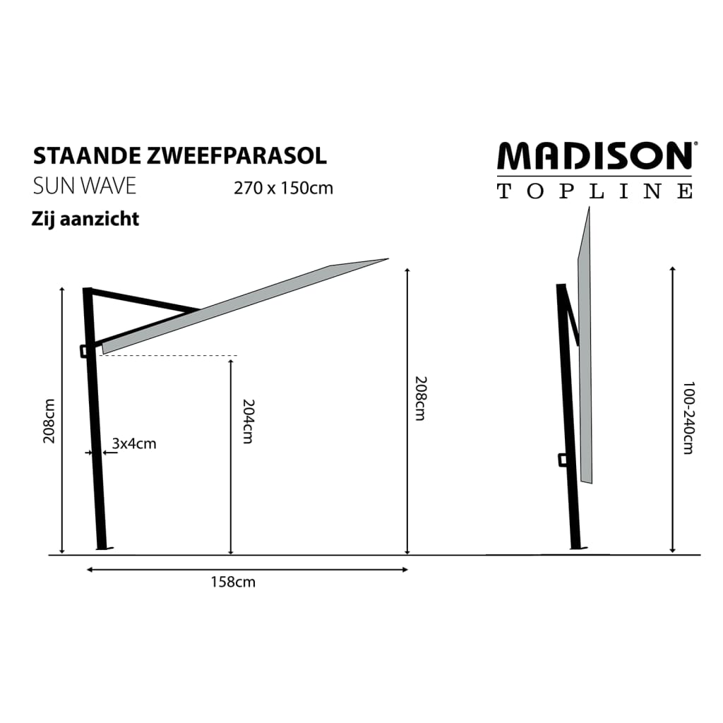 Madison Parasol de balcon Sun Wave 270x150 cm Gris PAC3P014