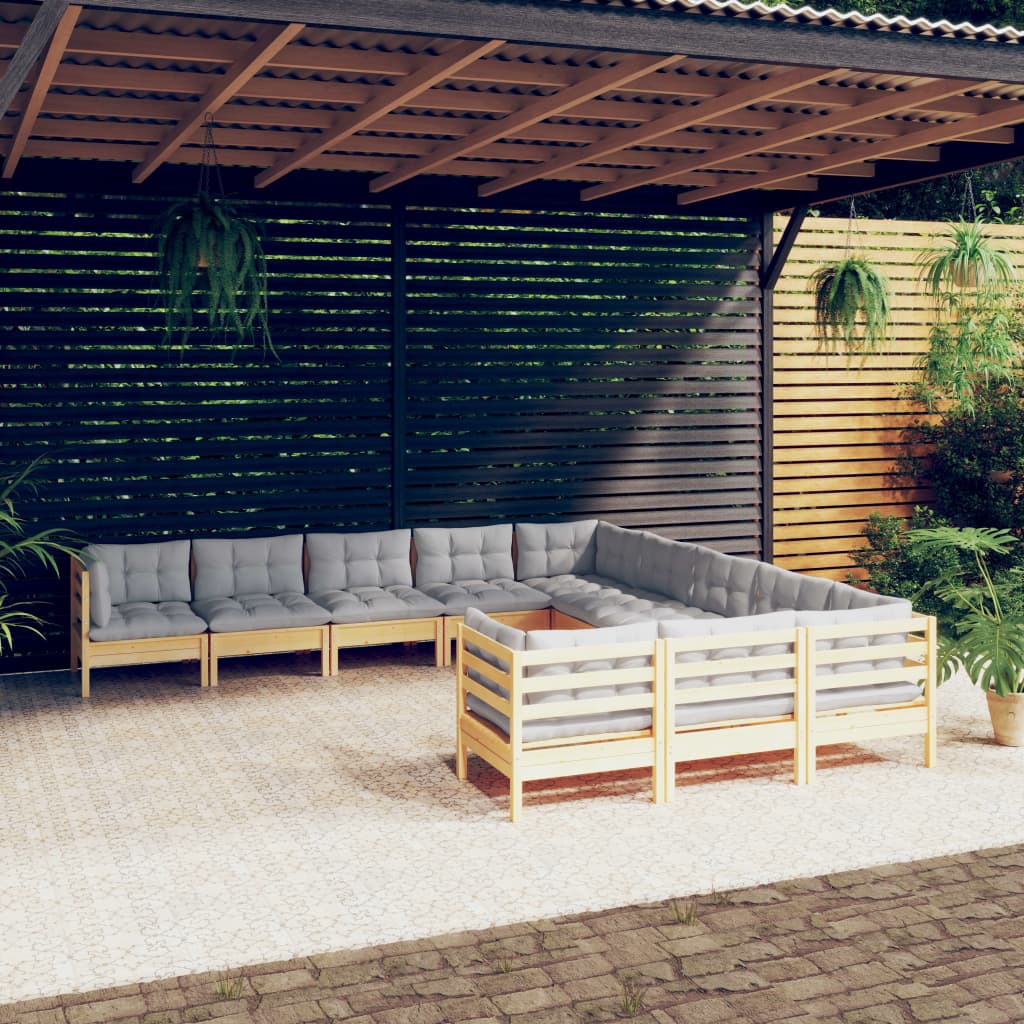 vidaXL Salon de jardin 11 pcs avec coussins gris Bois de pin