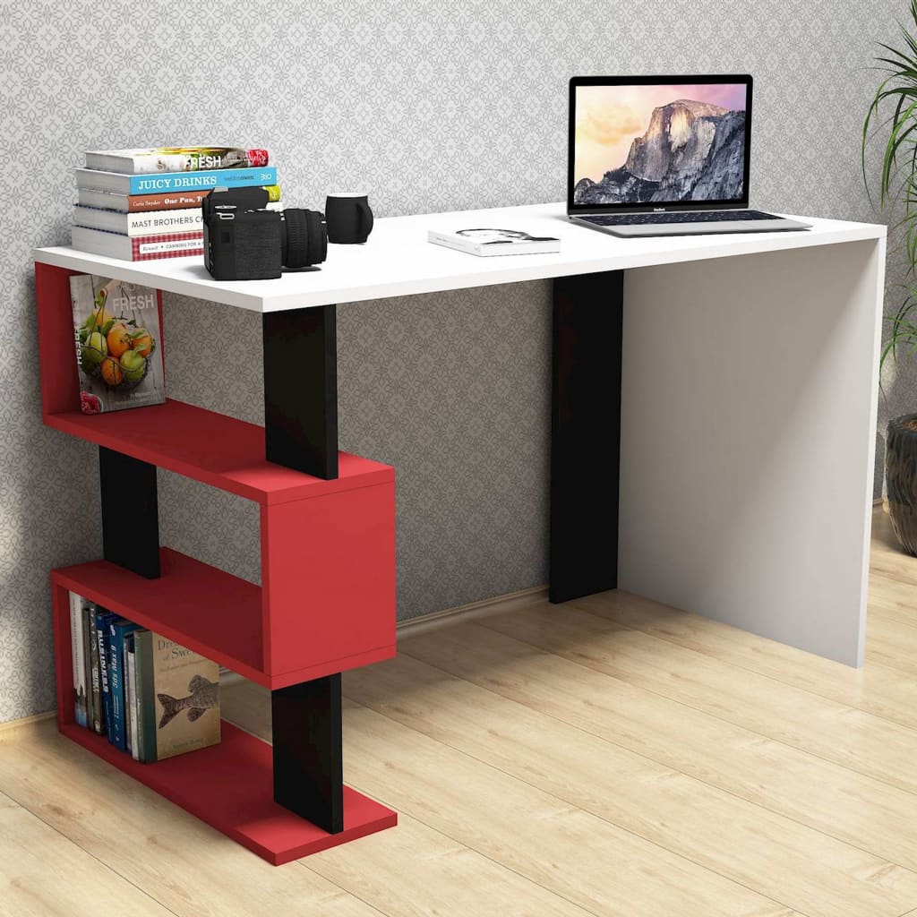 Homemania Bureau d'ordinateur Snap 120x60x75 cm Blanc, noir et rouge