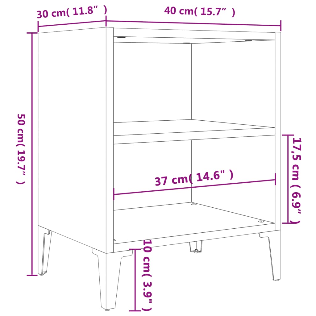 vidaXL Table de chevet avec pieds en métal gris brillant 40x30x50 cm