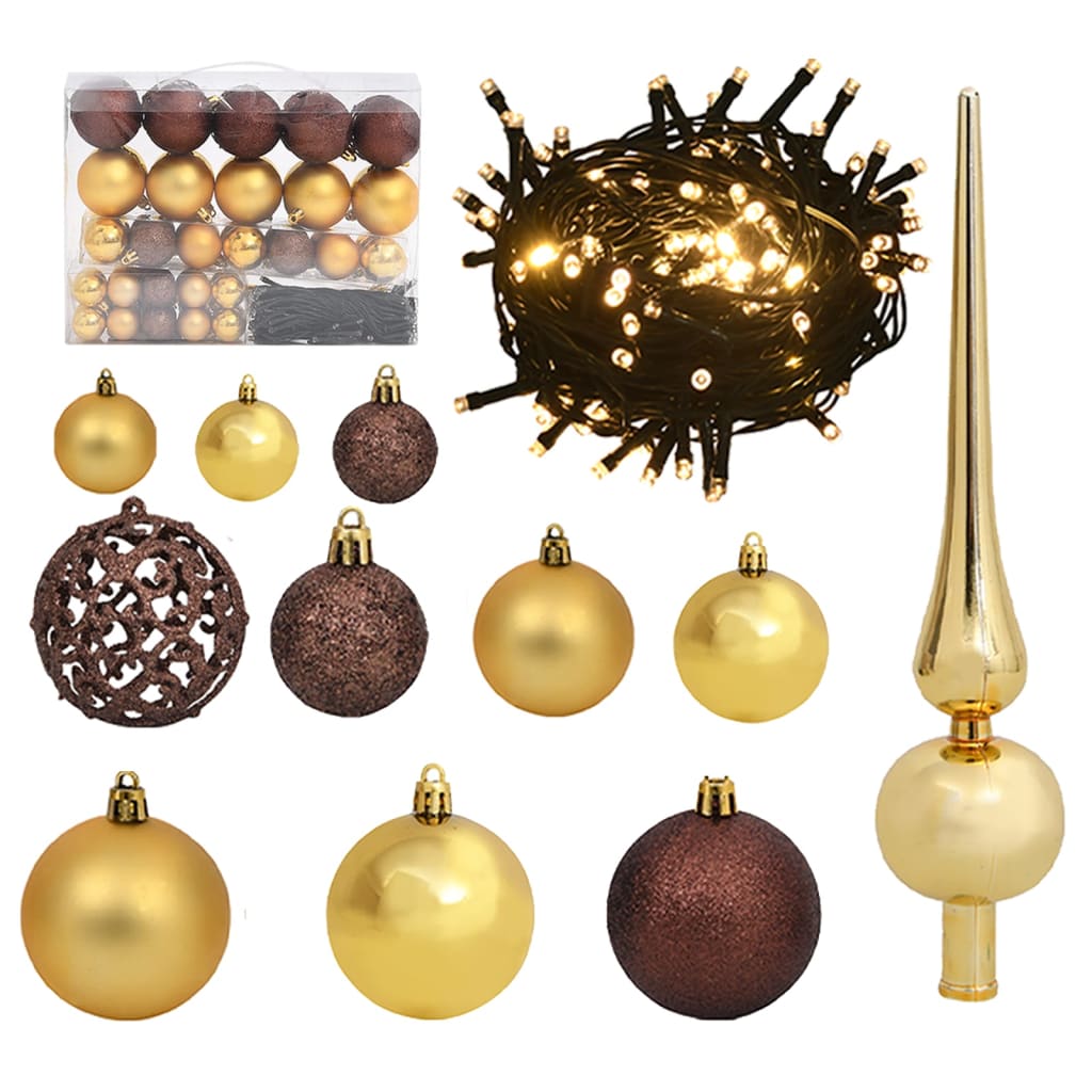 vidaXL Set de boules de Noël avec pic et 150 LED 61 pcs Doré et bronze
