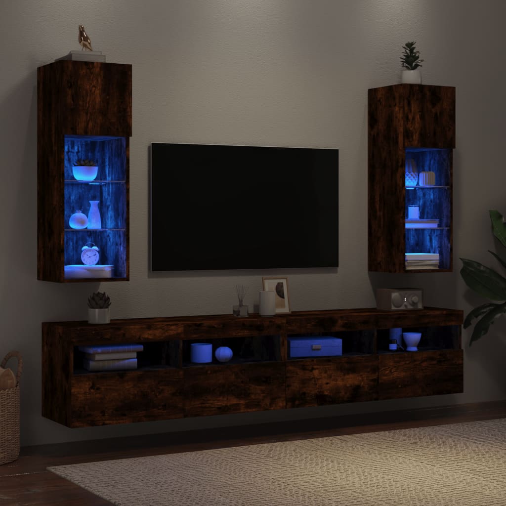 vidaXL Meubles TV avec lumières LED 2 pcs chêne fumé 30,5x30x90 cm