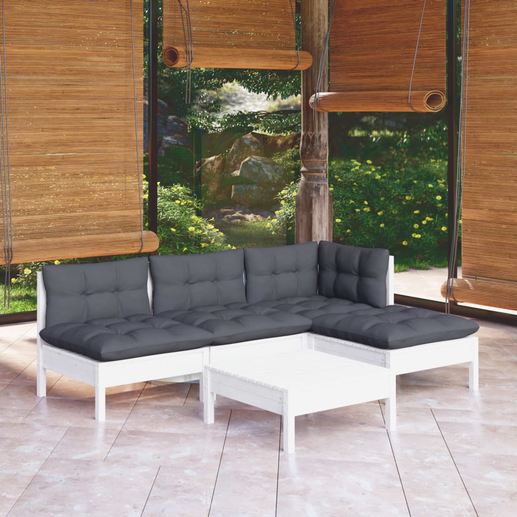 vidaXL Salon de jardin 5 pcs avec coussins blanc bois de pin