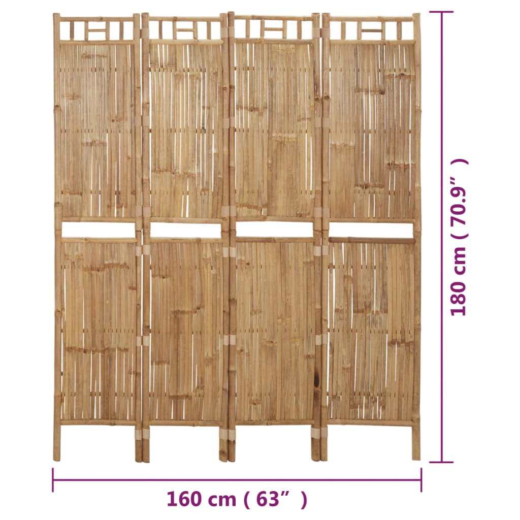 vidaXL Cloison de séparation 4 panneaux Bambou 160x180 cm