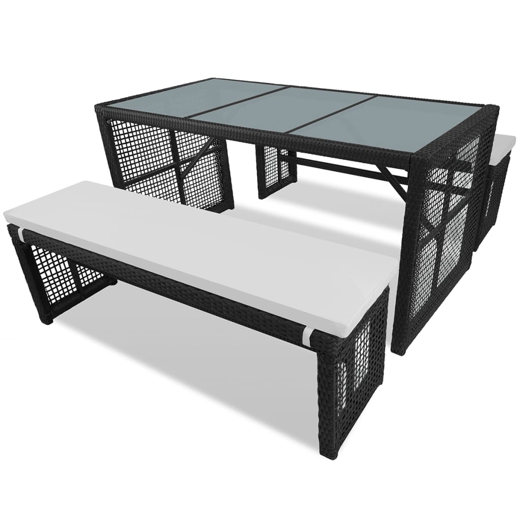 vidaXL Table avec 2 bancs 160 cm Résine tressée Noir