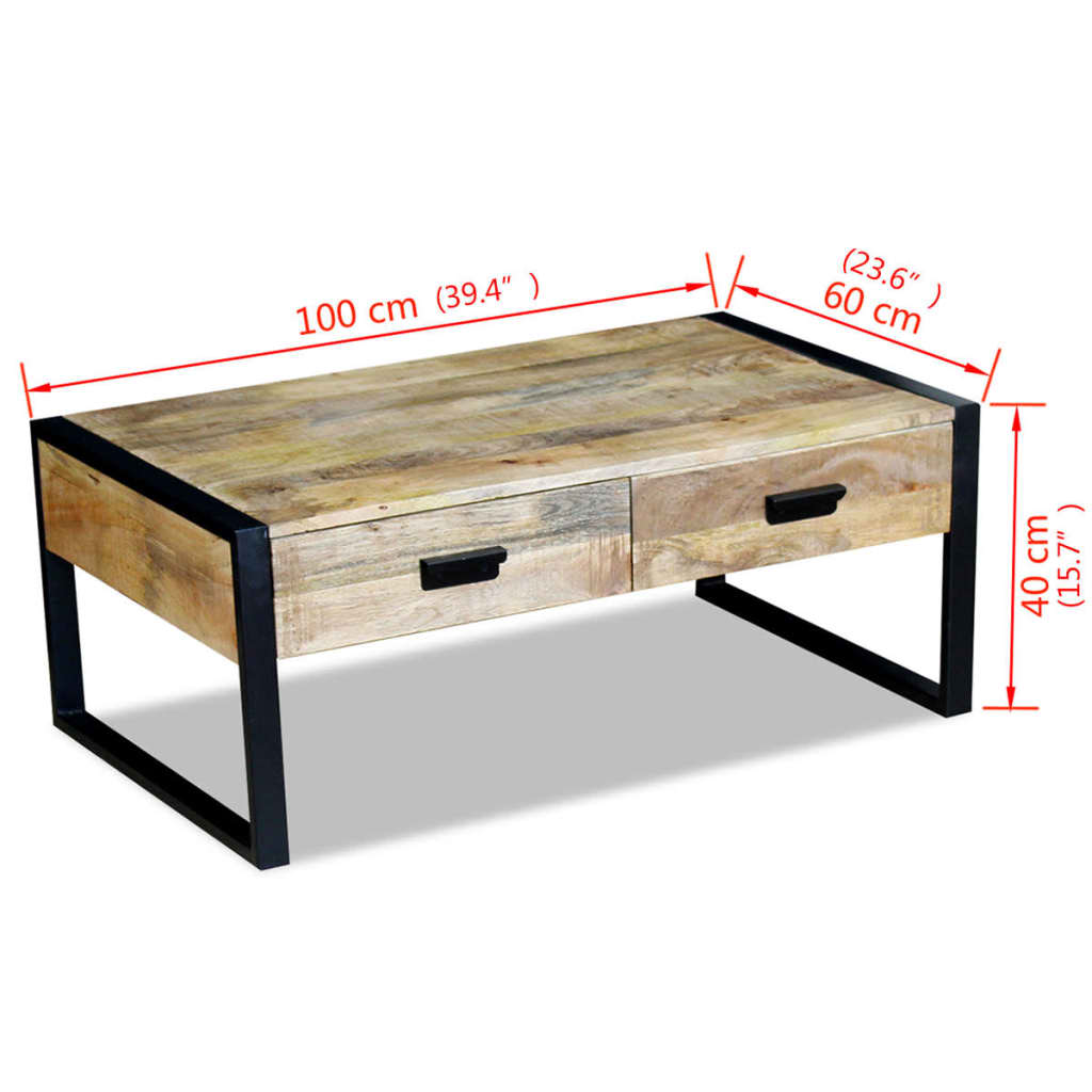 vidaXL Table basse avec 2 tiroirs Bois de manguier massif 100 x 60 x 40 cm