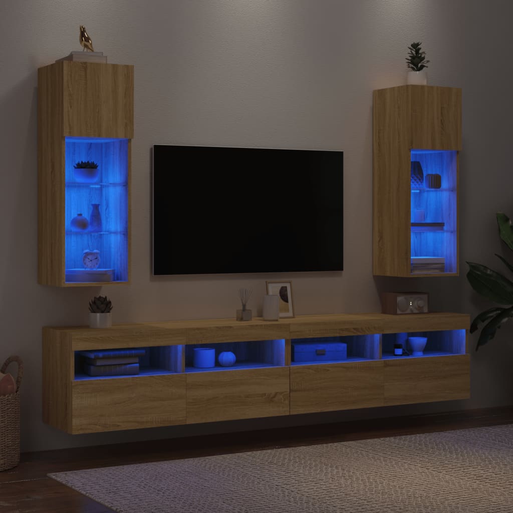 vidaXL Meubles TV avec lumières LED 2 pcs chêne sonoma 30,5x30x90 cm