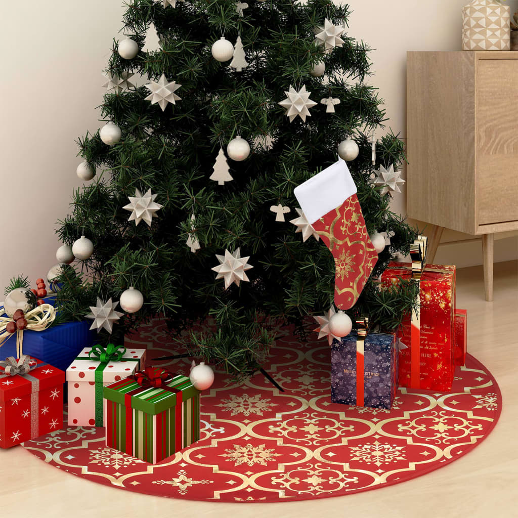 vidaXL Jupe de sapin de Noël de luxe avec chaussette Rouge 150cm Tissu