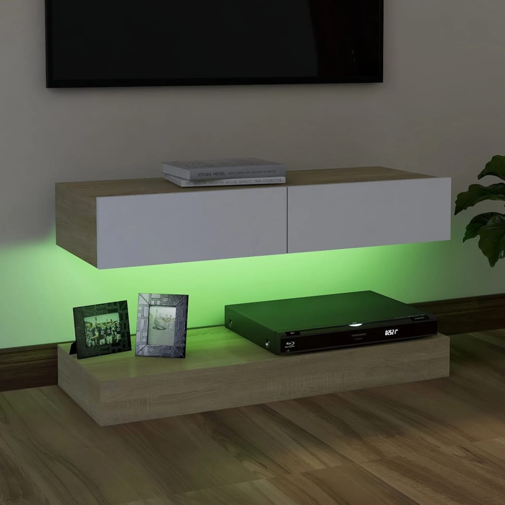 vidaXL Meuble TV avec lumières LED blanc et chêne sonoma 90x35 cm
