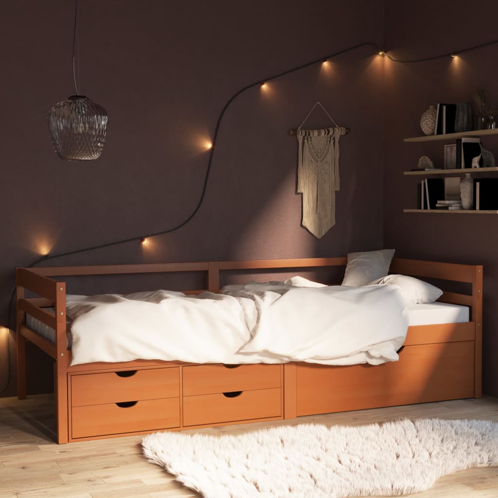 vidaXL Cadre de lit avec tiroirs et armoire Marron miel Pin 90x200 cm