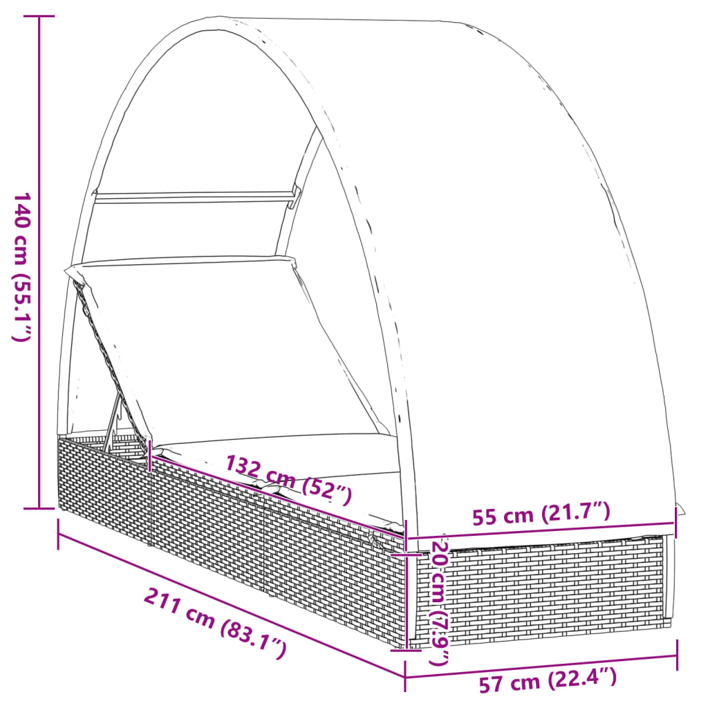 vidaXL Chaise longue avec toit rond gris 211x57x140 cm résine tressée